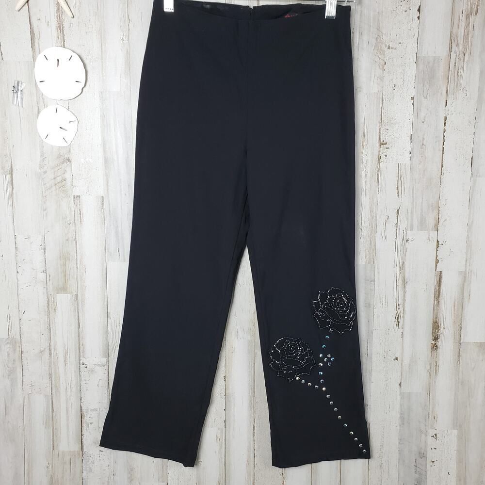 Nally & Millie Floral Rhinestone Pants Black Size Medium